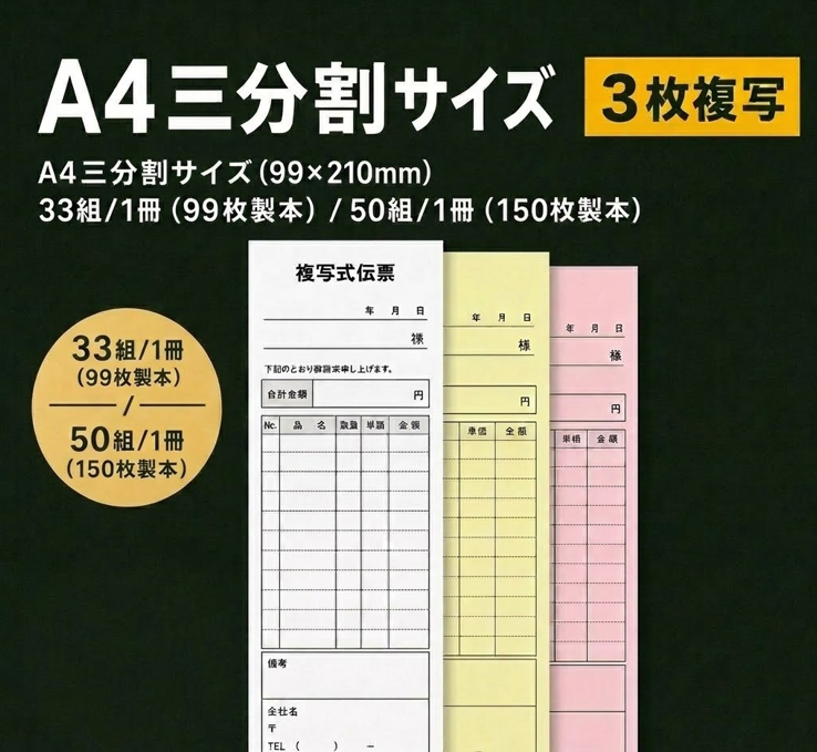 複写伝票・基本タイプ(表紙なし) 3枚 99×210mm(A4三分割サイズ)