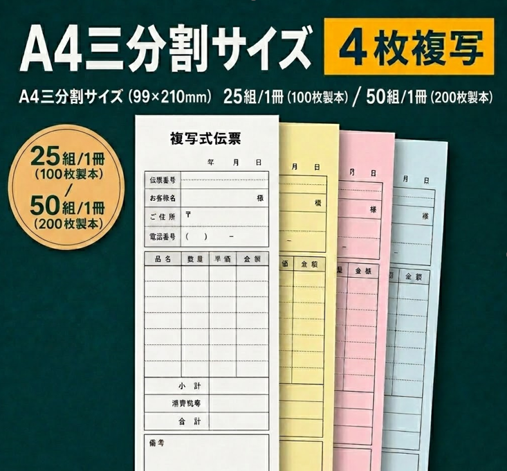 複写伝票・基本タイプ（表紙なし） 4枚 99×210mm（A4 三分割サイズ)